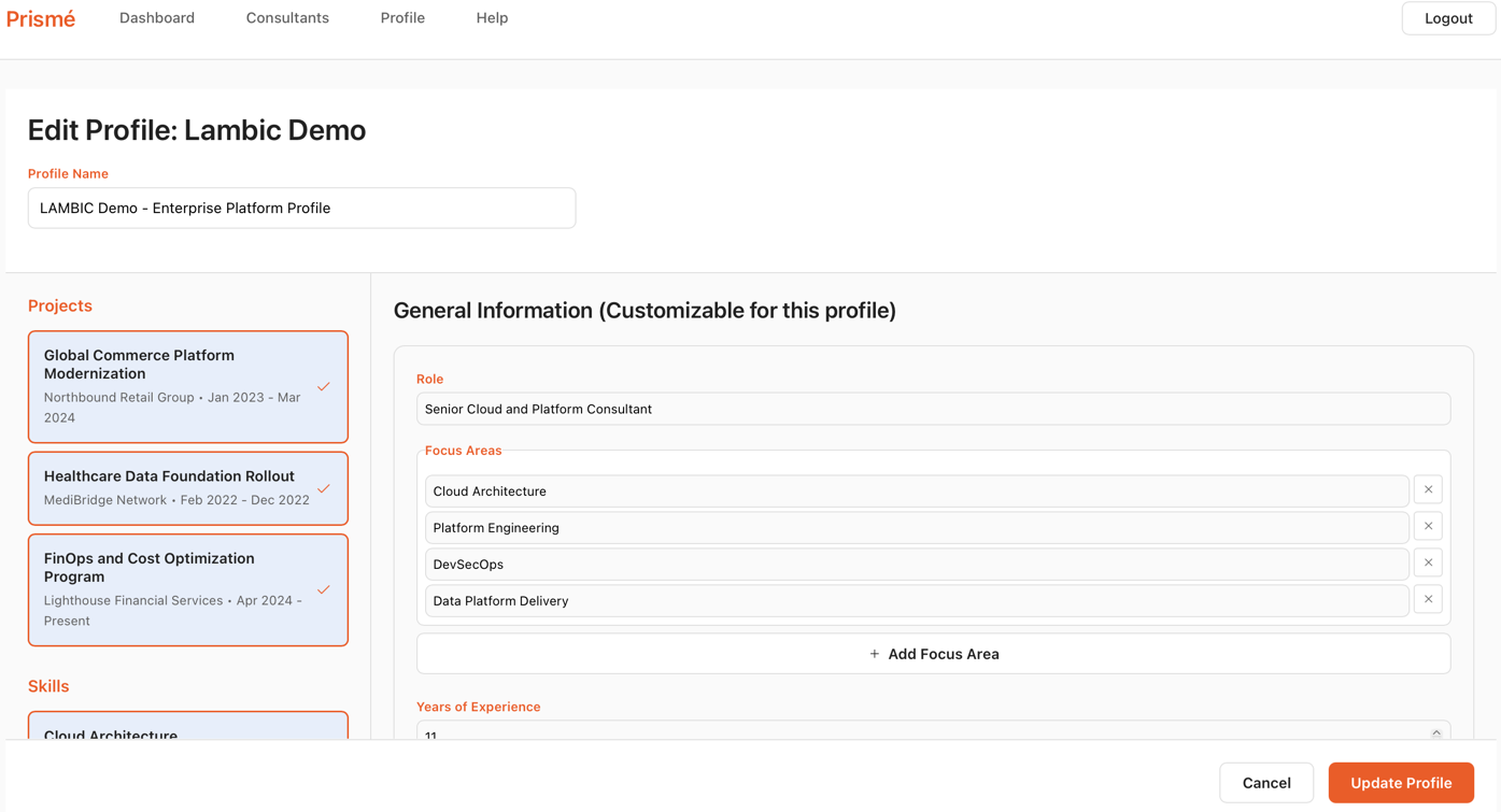 Prisme profile builder screenshot